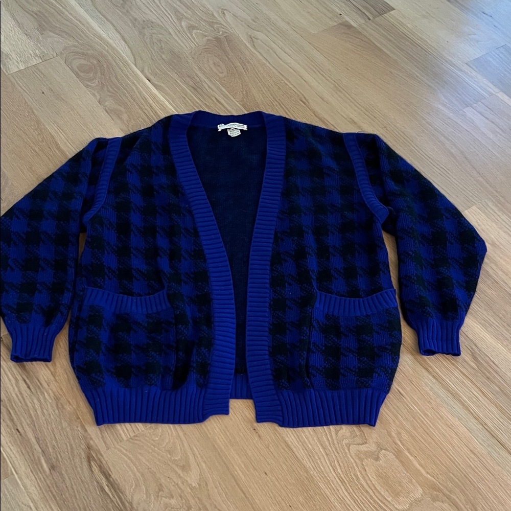 1990s Ted Lapidus Haute Couture Blue and Black Houndstooth Mohair Cardigan